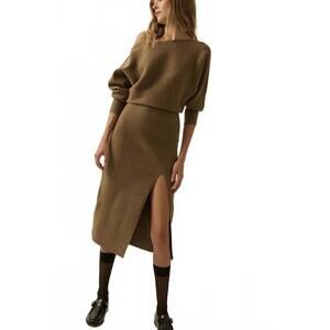 NEW PROMESA rib-knit one-shoulder dolman midi sweater dress in olive brown